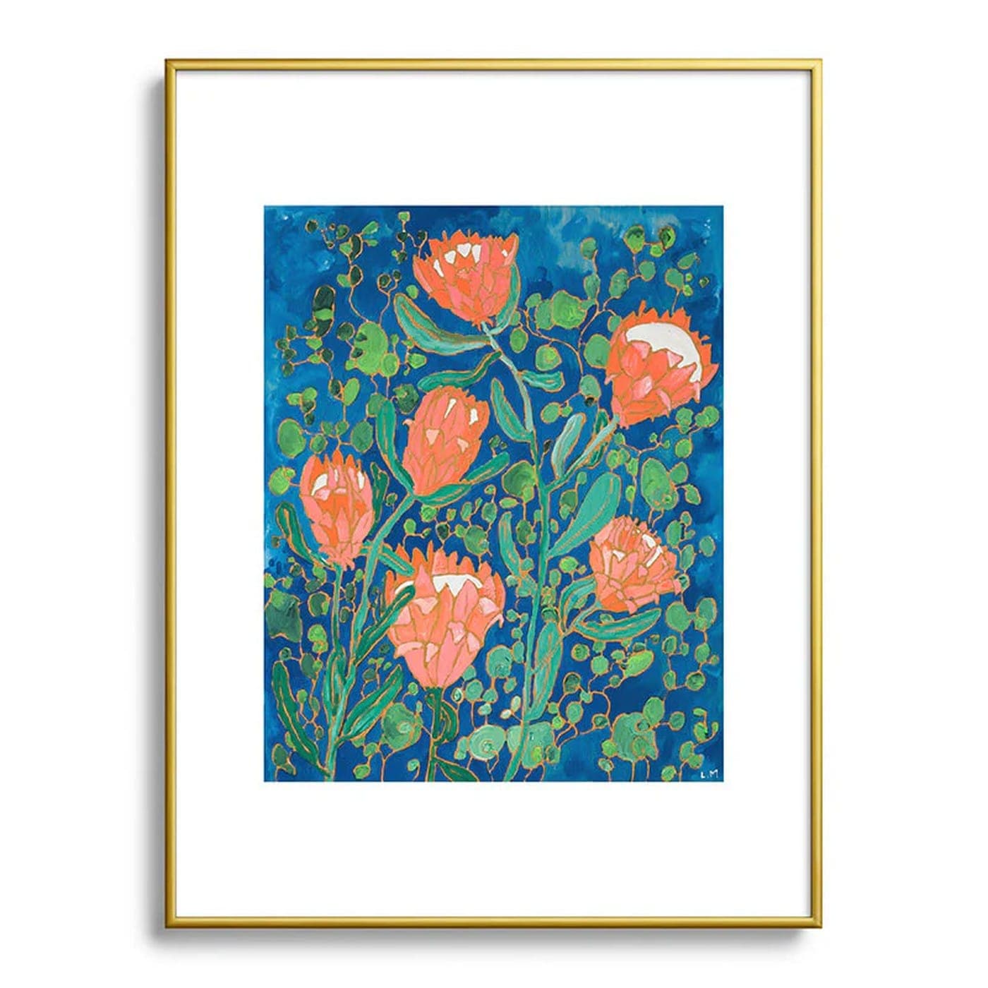 Coral Proteas on Blue Pattern Painting Framed Art Print by Lara Lee Meintjes