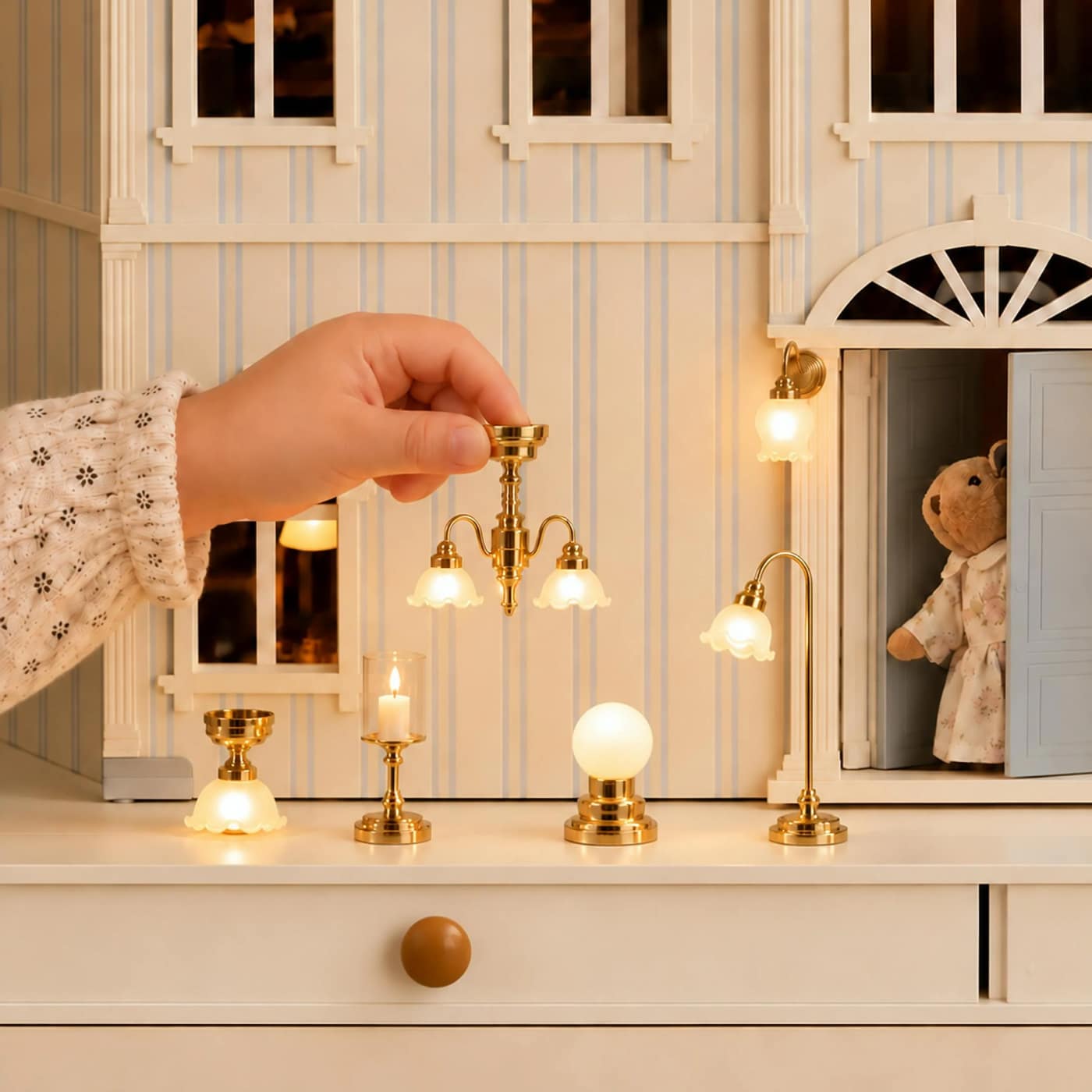 Little Forest Animals premium miniature lighting set in a dollhouse room