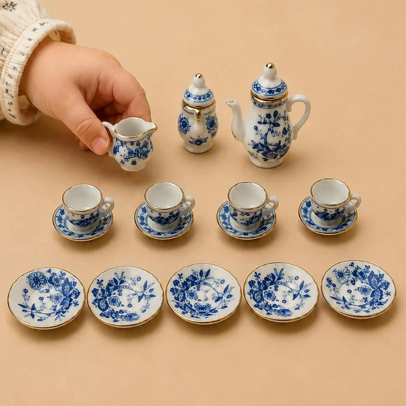 Little Forest Animals miniature porcelain tea set with blue floral pattern