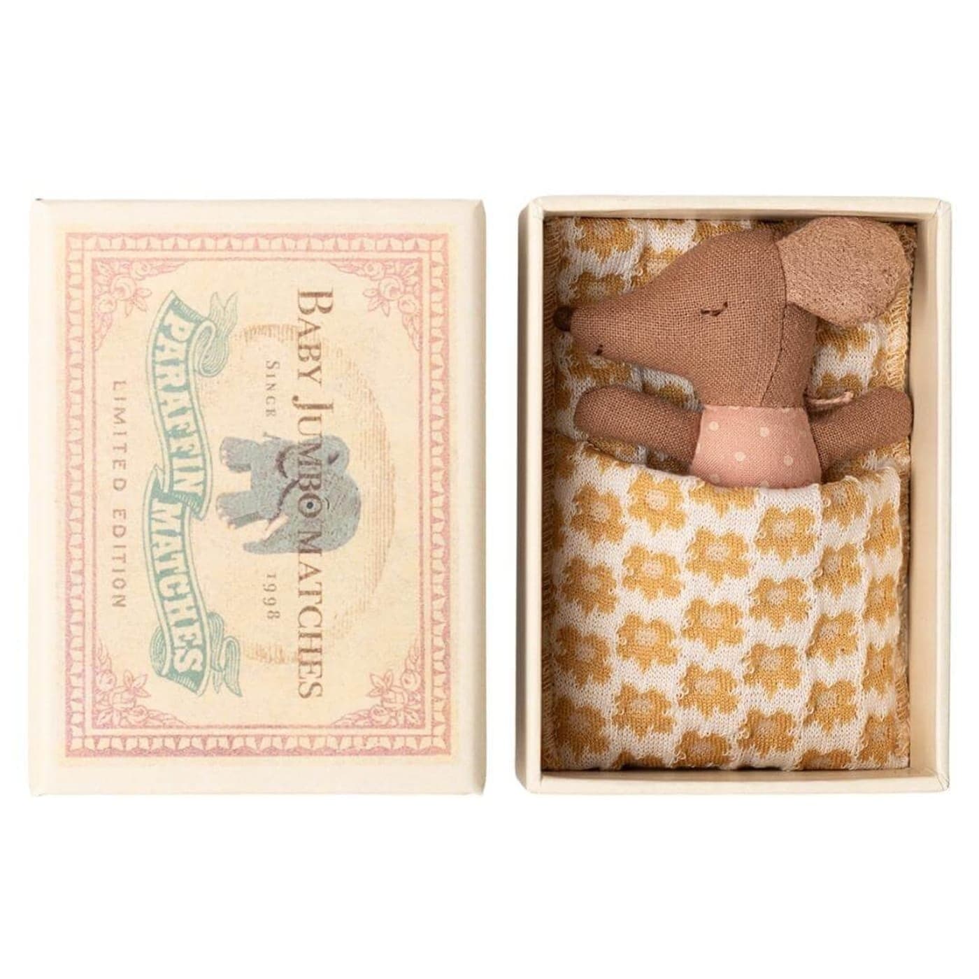 Maileg Sleepy Wakey baby mouse in rose matchbox bed