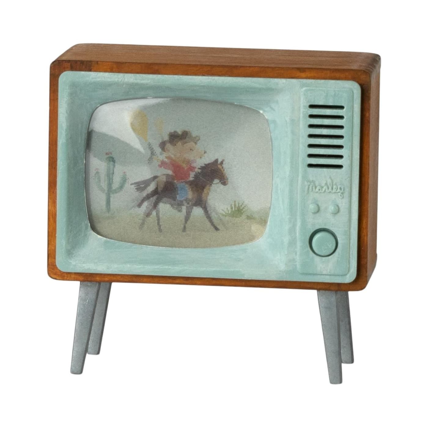 Maileg mouse-sized vintage television with cowboy scene