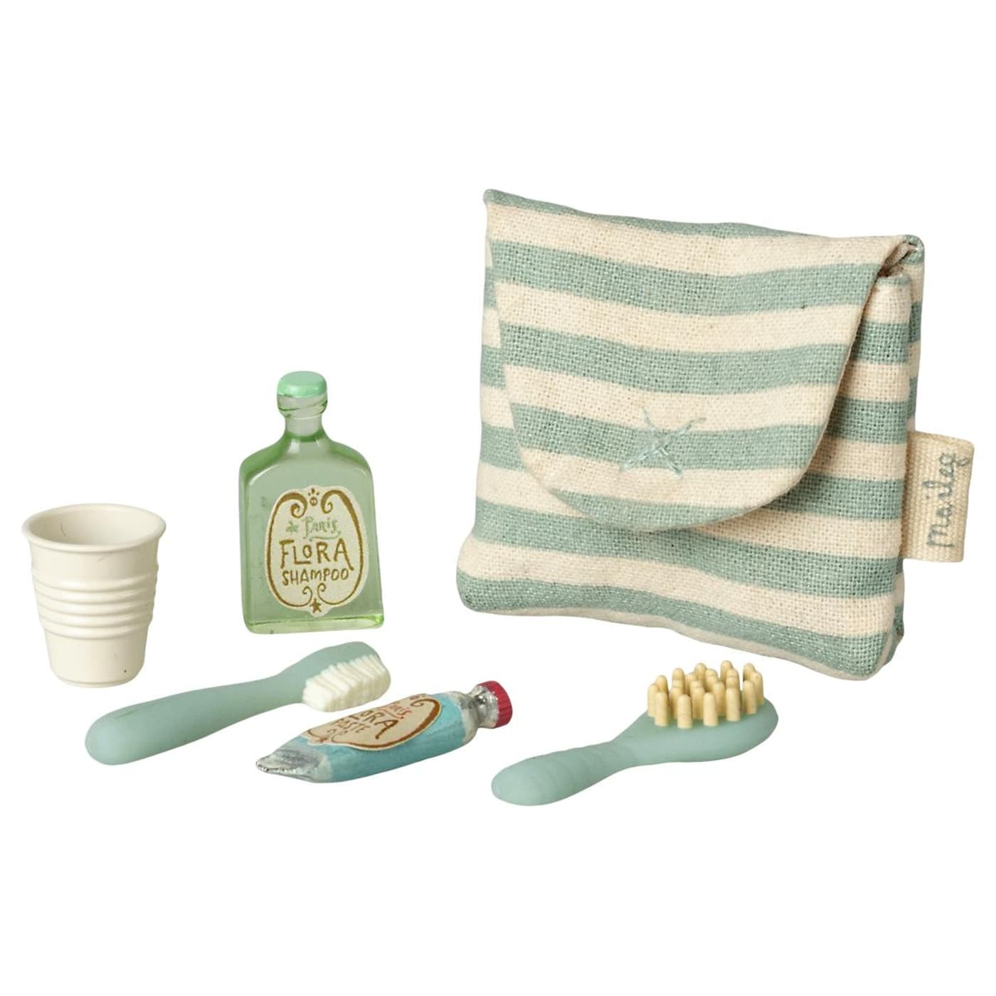 Maileg mouse tooth brush set in blue-striped bag