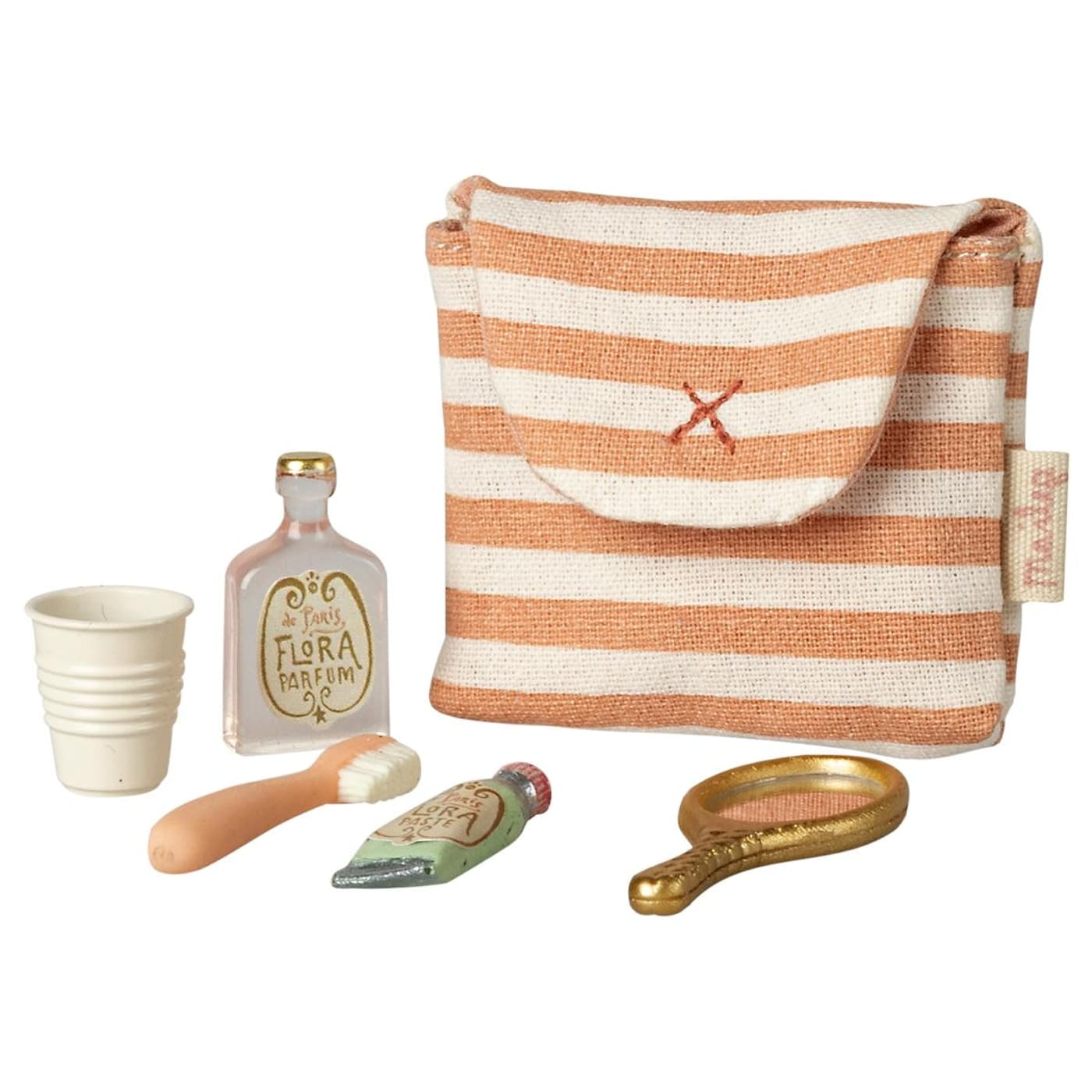 Maileg mouse tooth brush set in coral-striped bag
