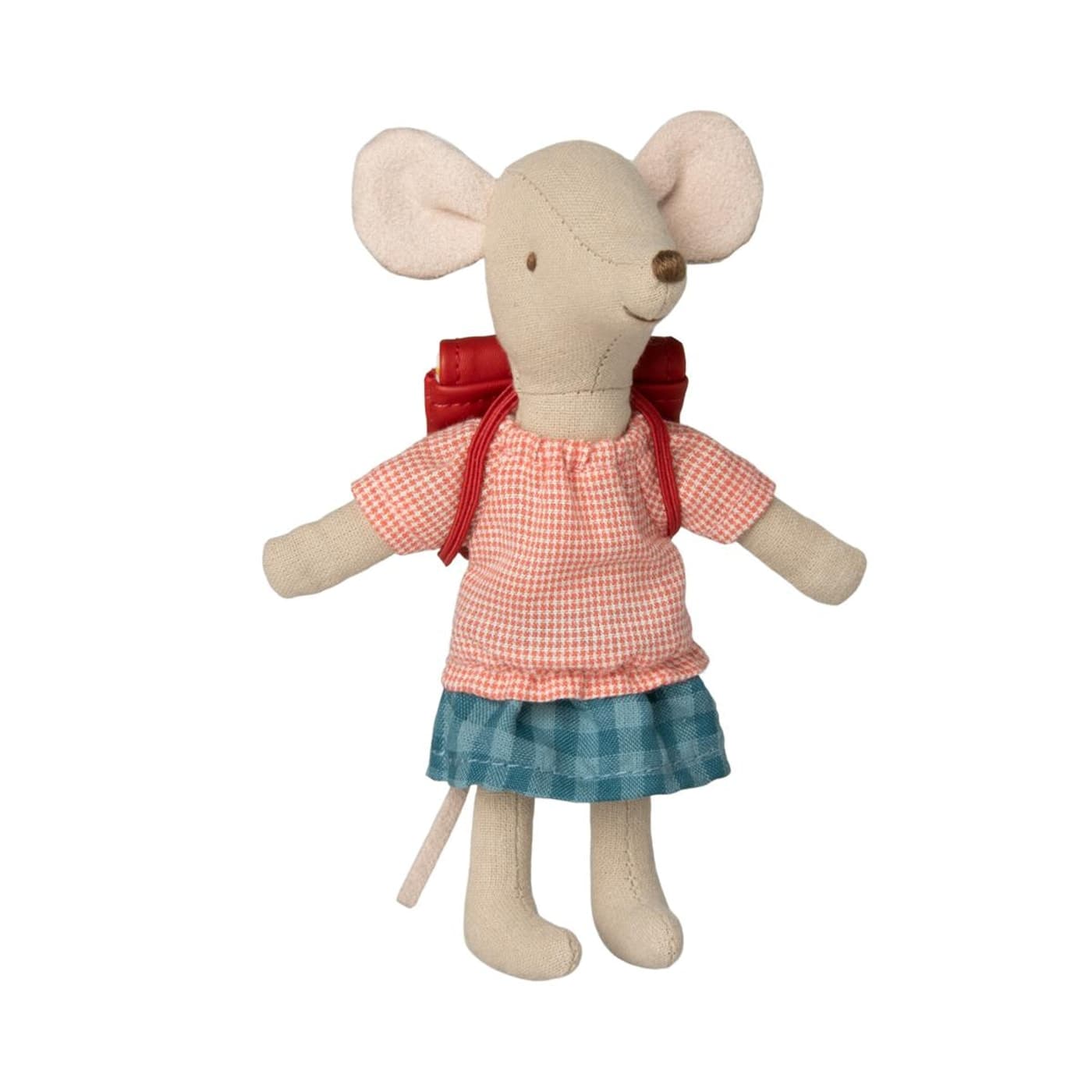 Maileg Big Sister Mouse on red tricycle with backpack