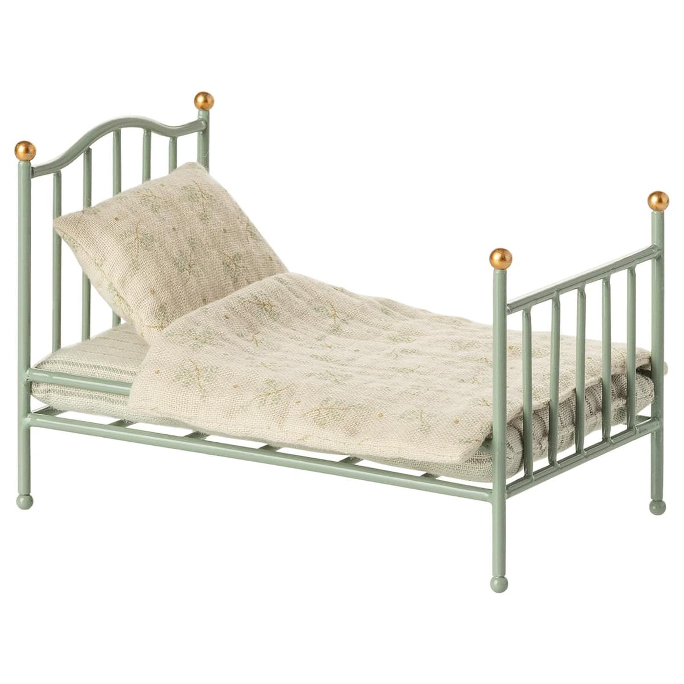 Maileg vintage mint single bed for mice with patterned bedding