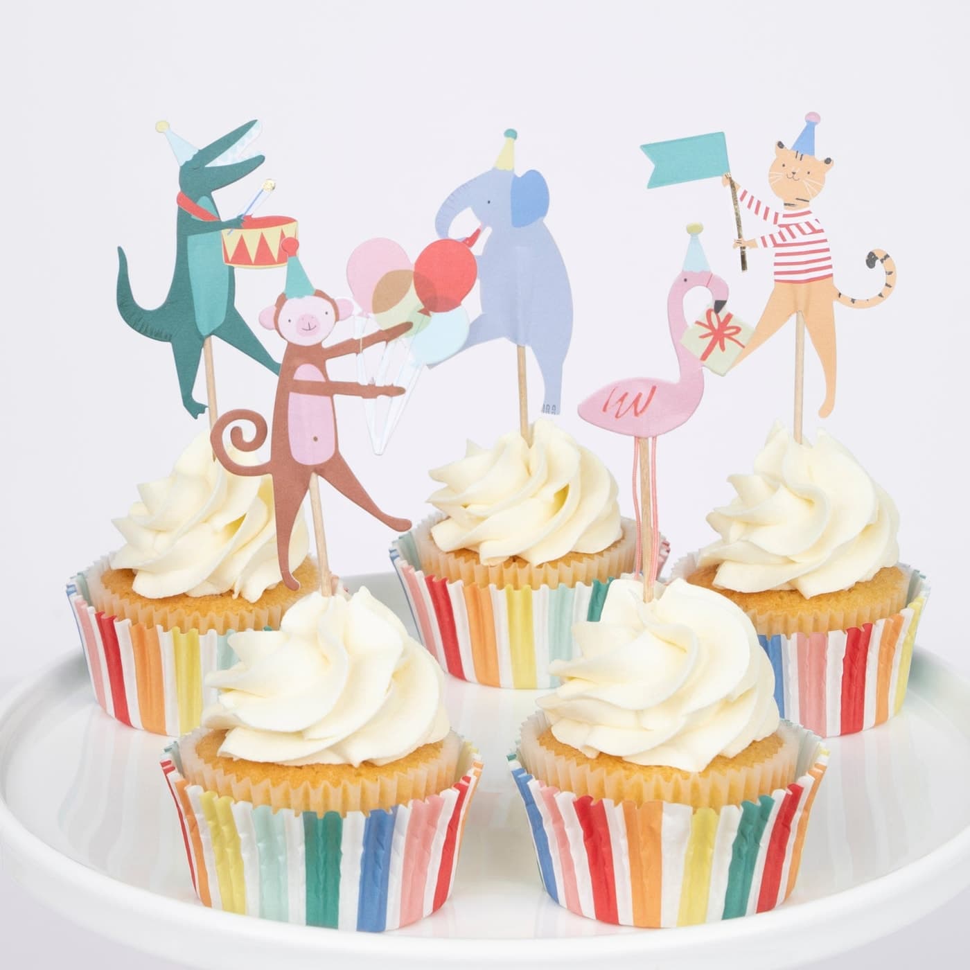 Meri Meri Animal Parade Cupcake Kit with animal toppers and striped cases
