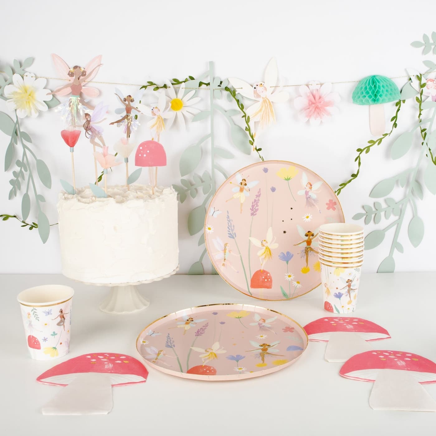 Meri Meri Fairy Party Set with plates, napkins, cups, toppers, and garland