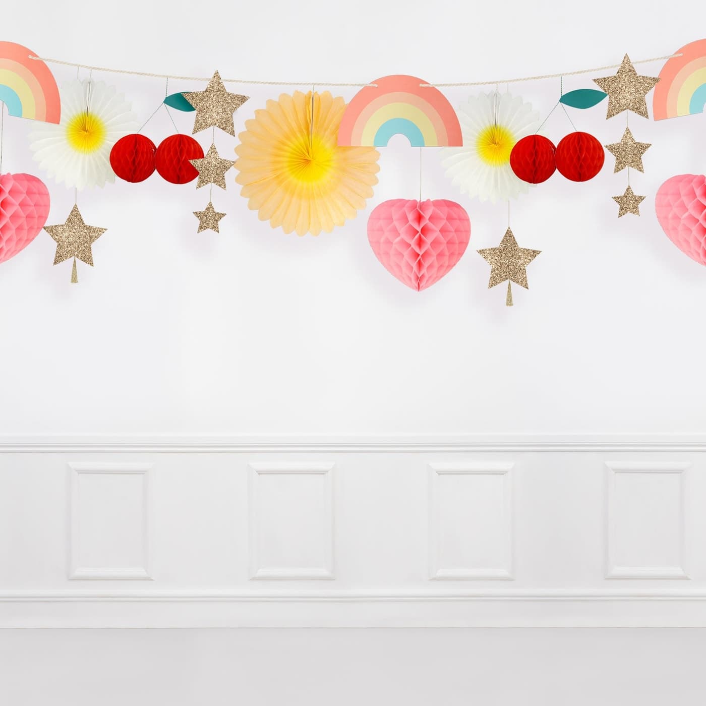 Meri Meri Colorful Party Garland with honeycomb, pinwheels, and glitter pennants