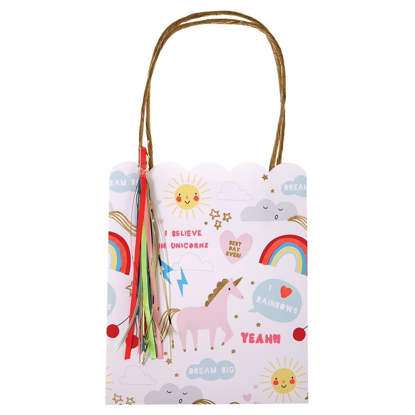Meri Meri I Believe In Unicorns party bags with gold foil and ribbon tassels