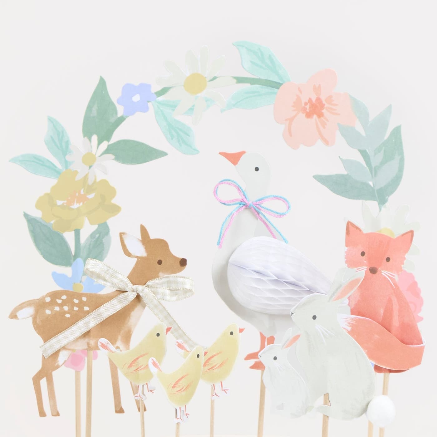 Meri Meri Little Animals Cake Toppers with fawn, goose, rabbit, and floral designs