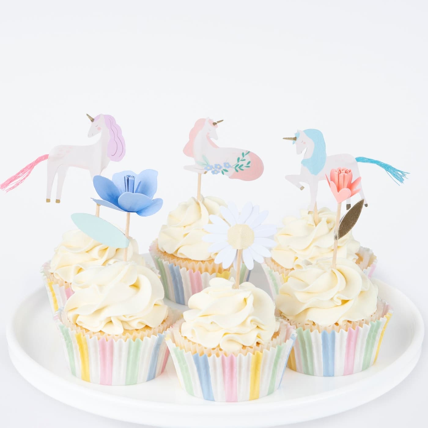 Meri Meri Meadow Unicorns Cupcake Kit with toppers and striped cases