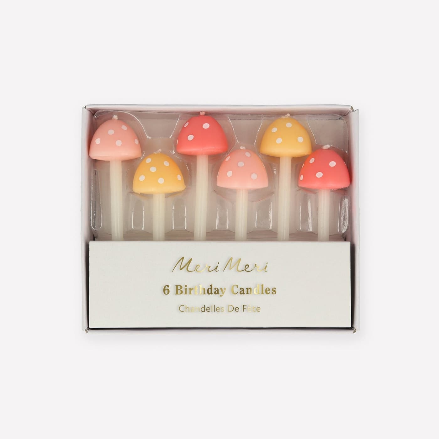 Meri Meri mushroom birthday candles in soft pastel shades