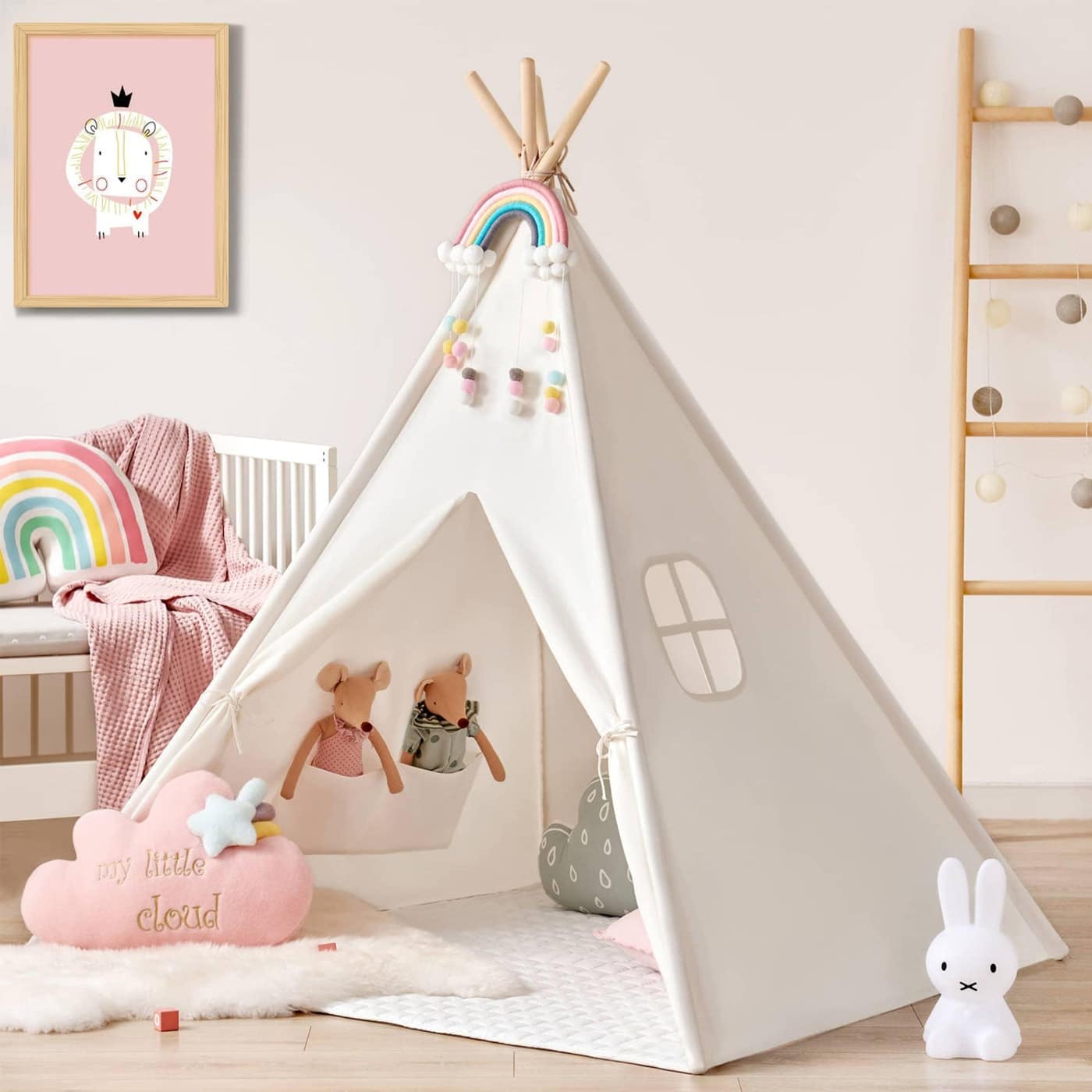 Tiny Land white kids teepee tent with mat and star lights