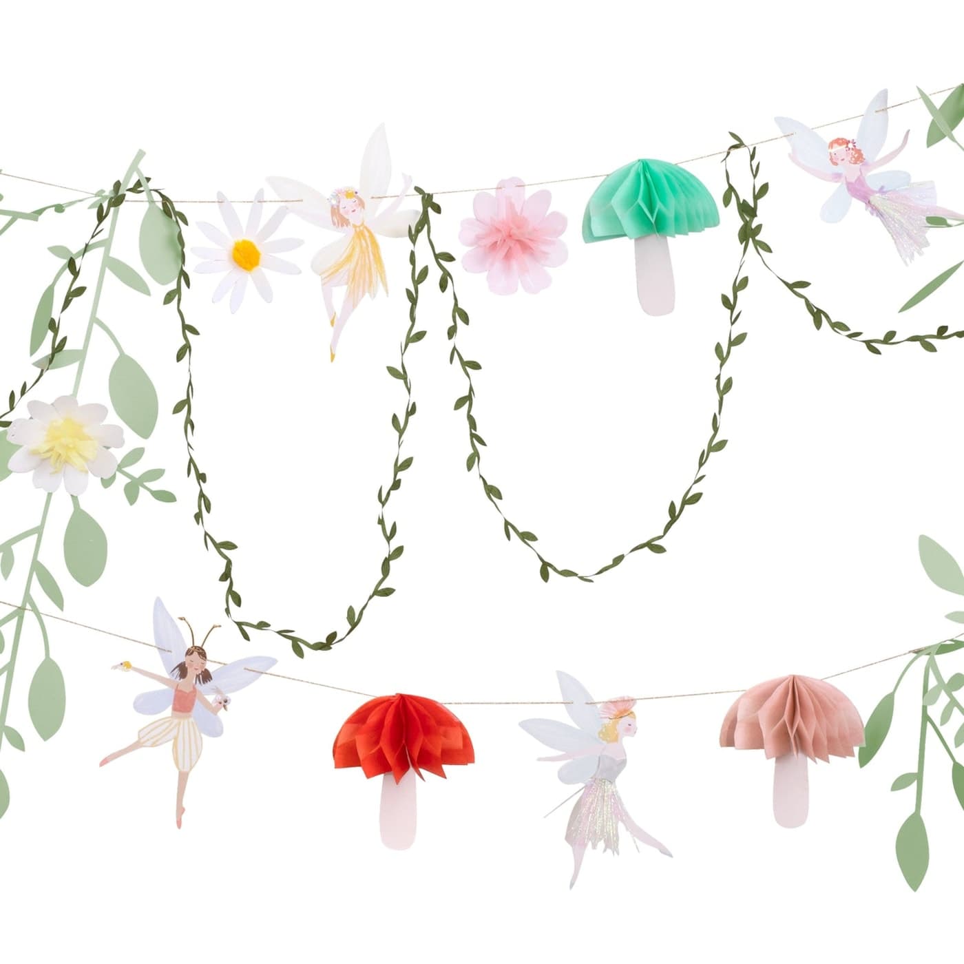 Meri Meri Fairy Party Garland with fairies, flowers, and mushrooms