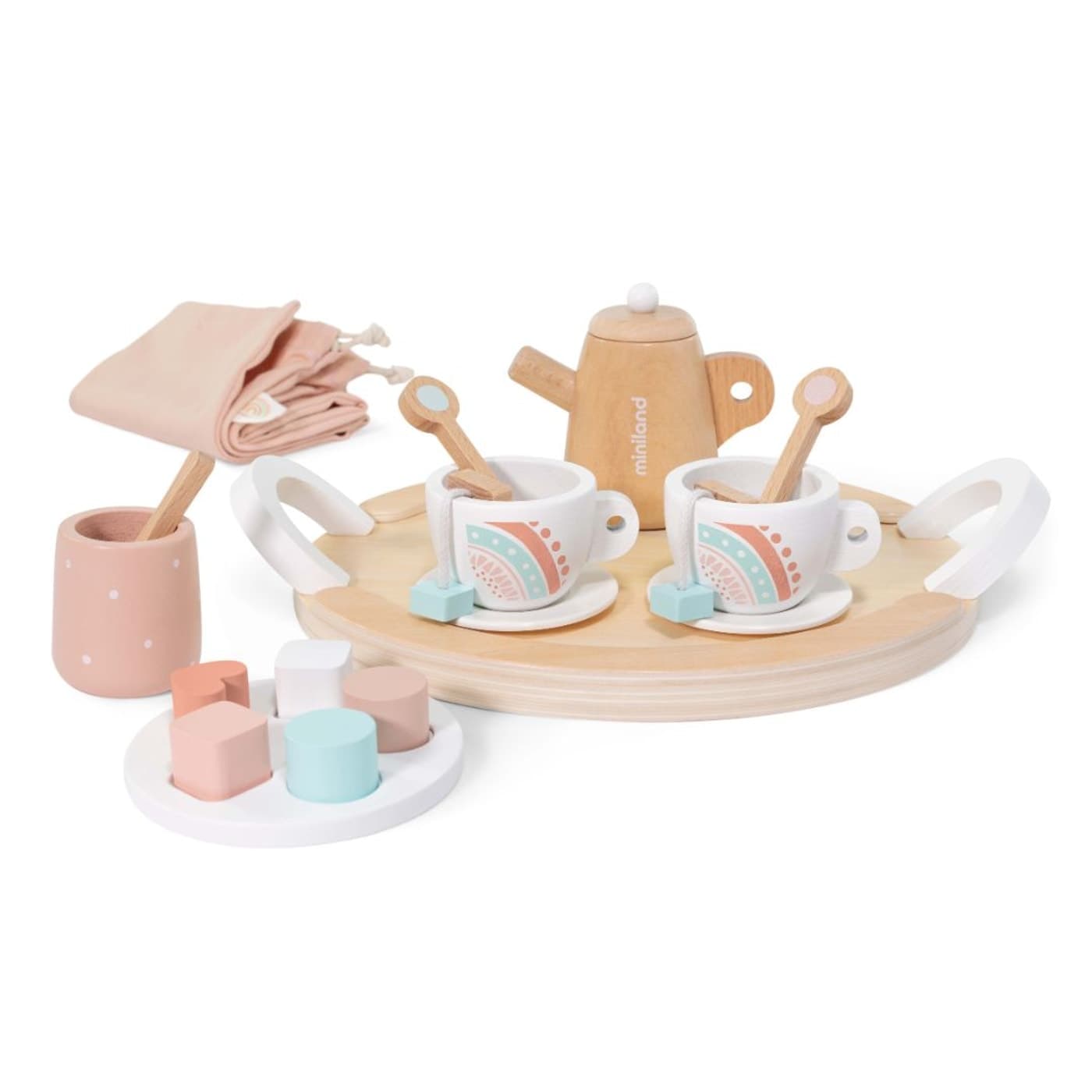 Miniland doll-sized wooden tea set with teapot, cups, and treats